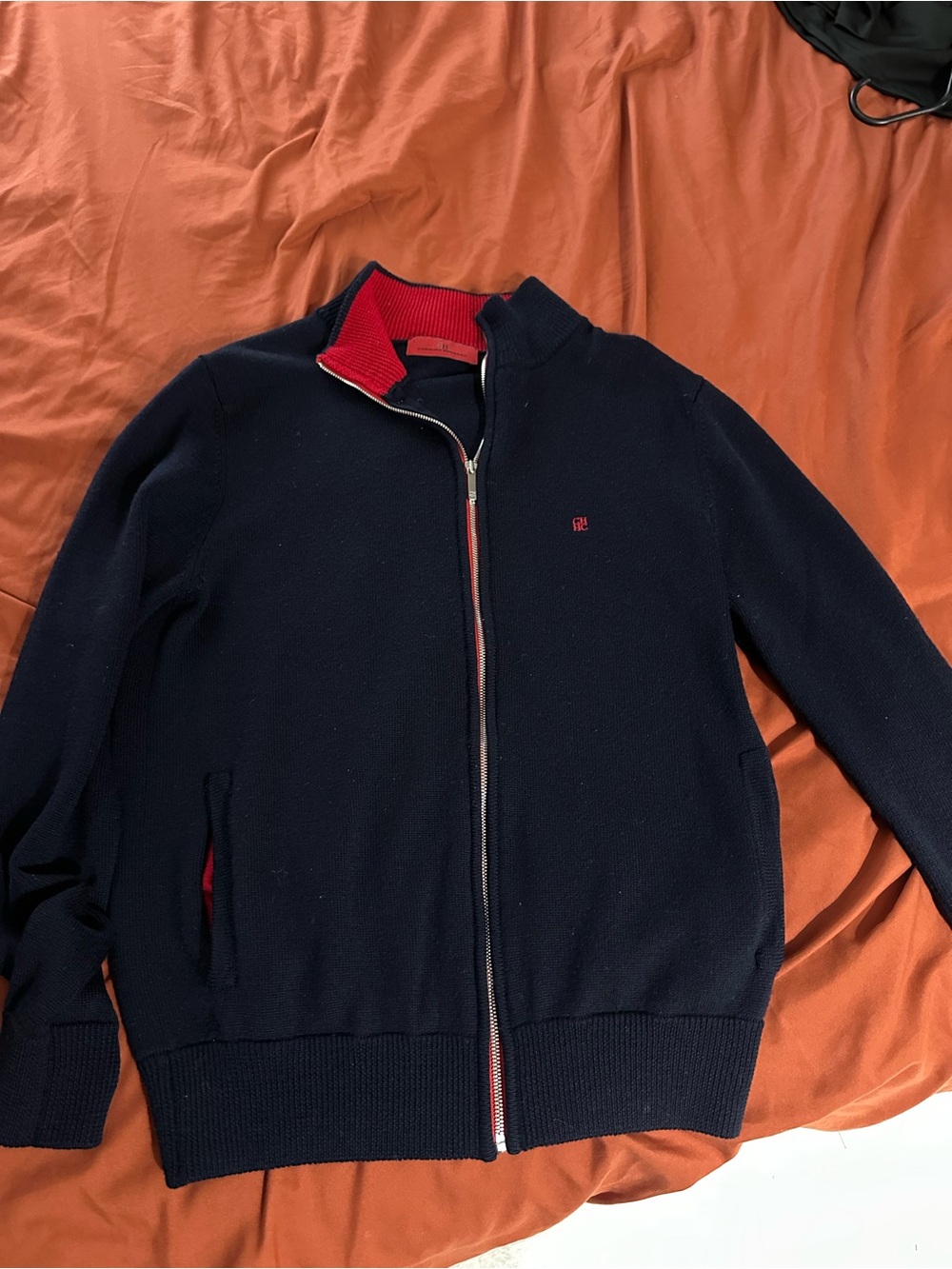 Carolina Herrera Black Zip-Up Sweater with Red Trim